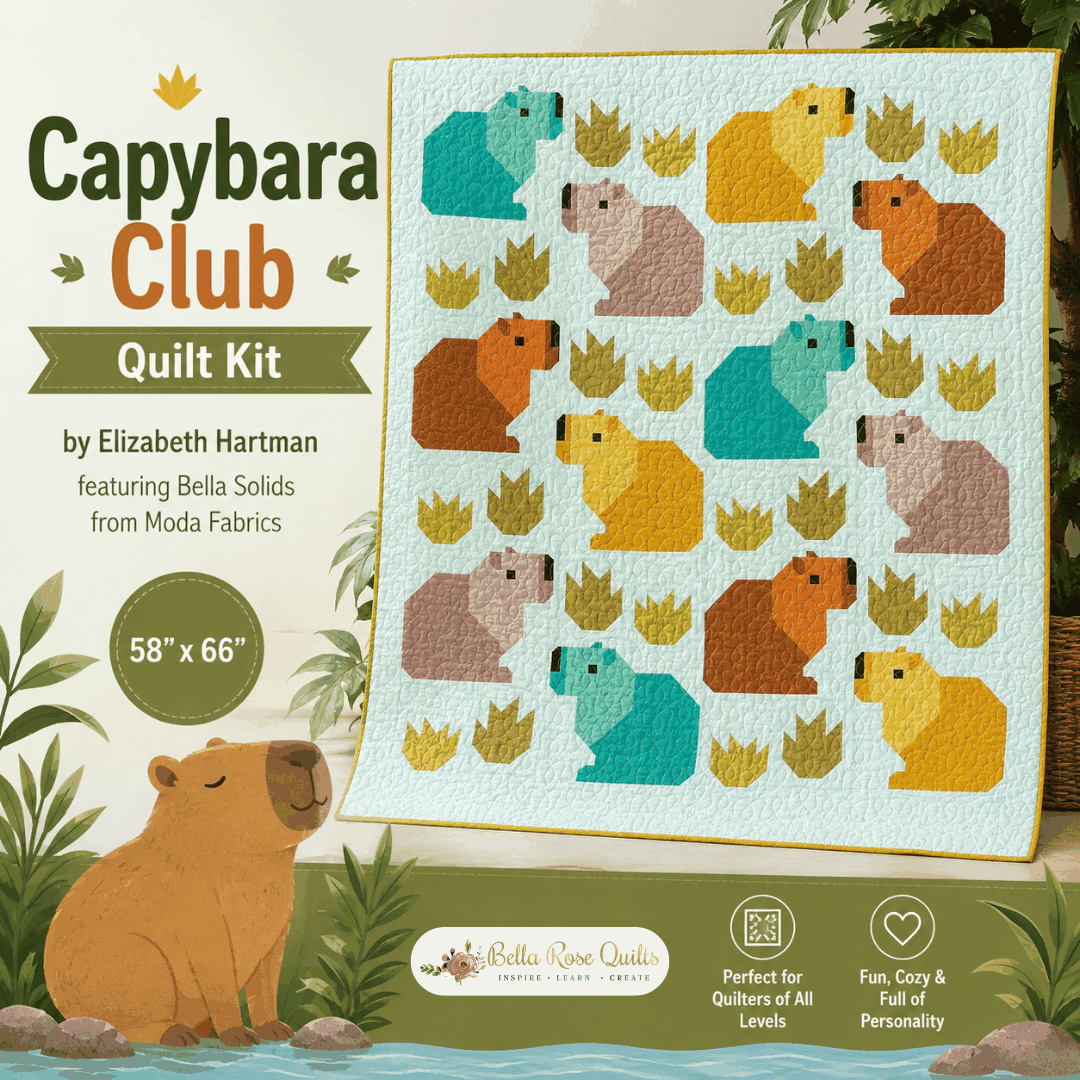Capybara Club Quilt Kit by Elizabeth Hartman with Bella Solids fabrics, 58x66 inch quilt top and binding included