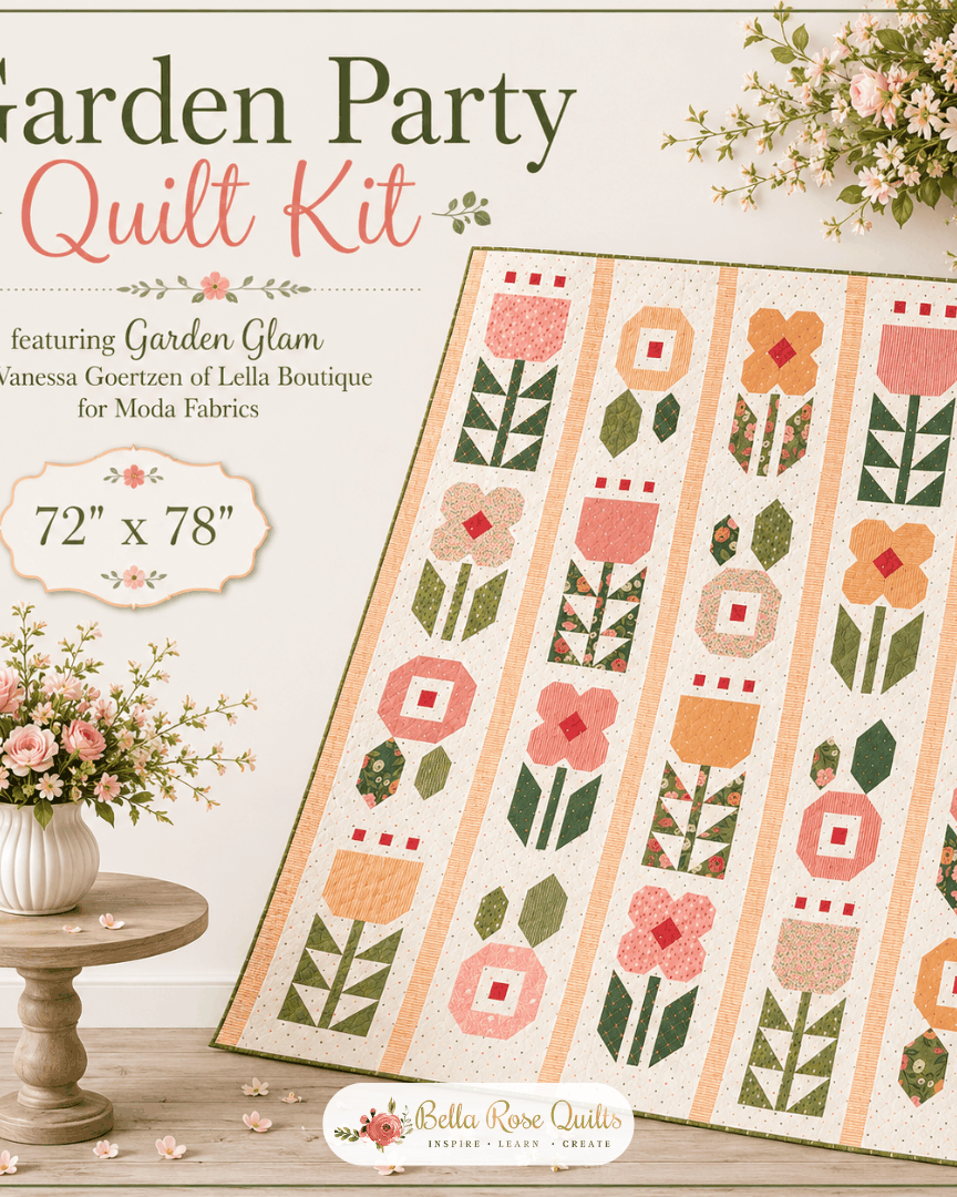 Garden Party Quilt Kit with floral patterns by Vanessa Goertzen, 72x78 inches