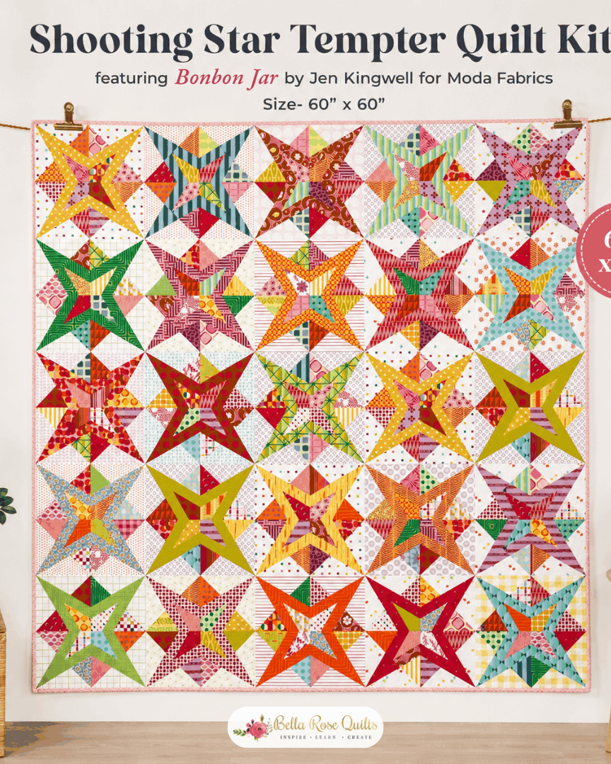 Shooting Star Tempter Quilt Kit with Bonbon Jar fabric by Jen Kingwell, 60x60 inches, pre-order available.