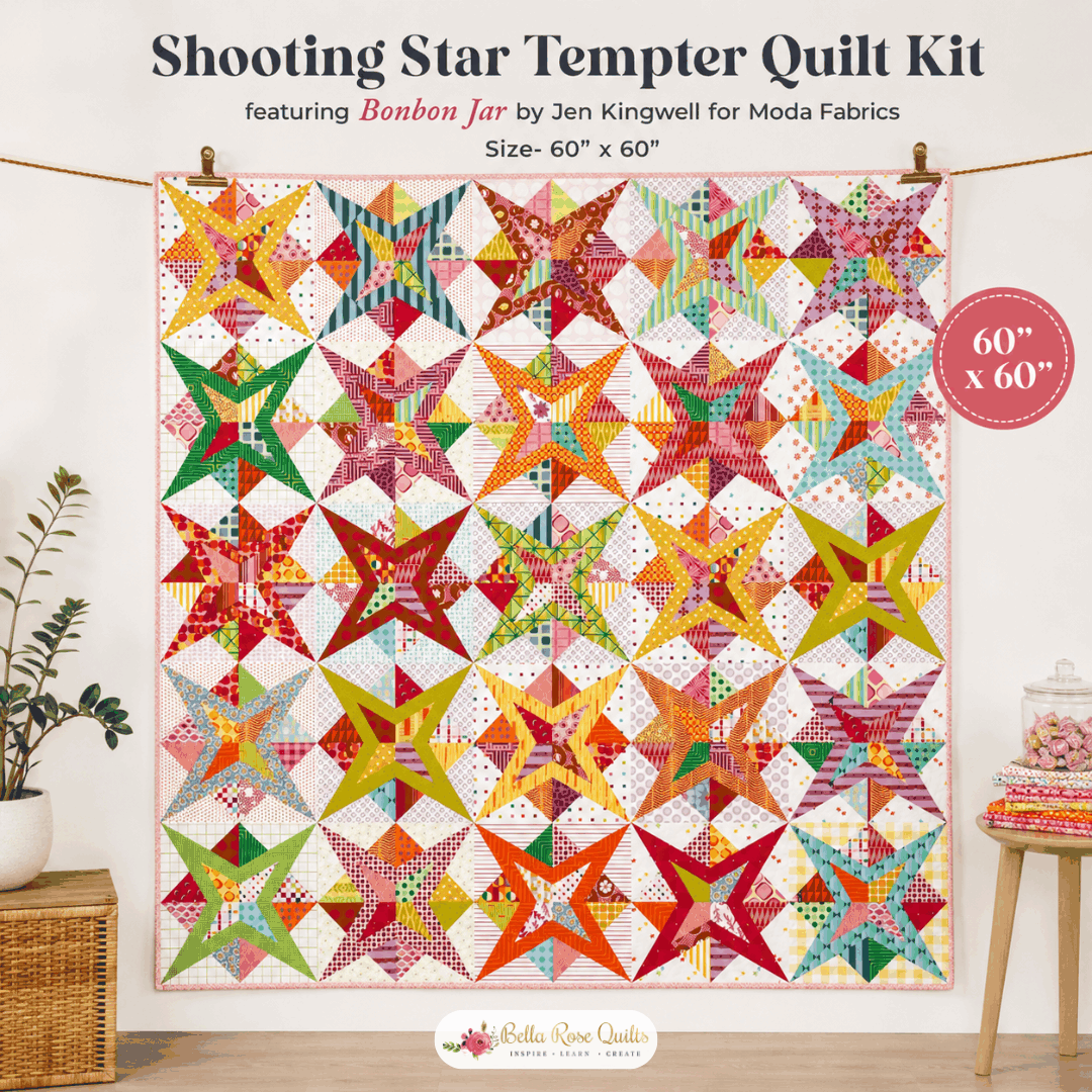 Shooting Star Tempter Quilt Kit with Bonbon Jar fabric by Jen Kingwell, 60x60 inches, pre-order available.