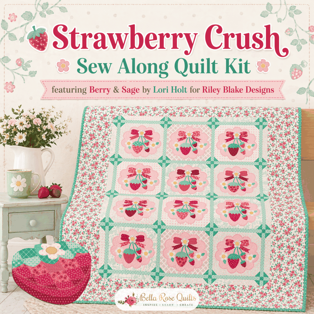 Strawberry Blossom Quilt Kit with Berry & Sage fabric by Lori Holt in strawberry-shaped box