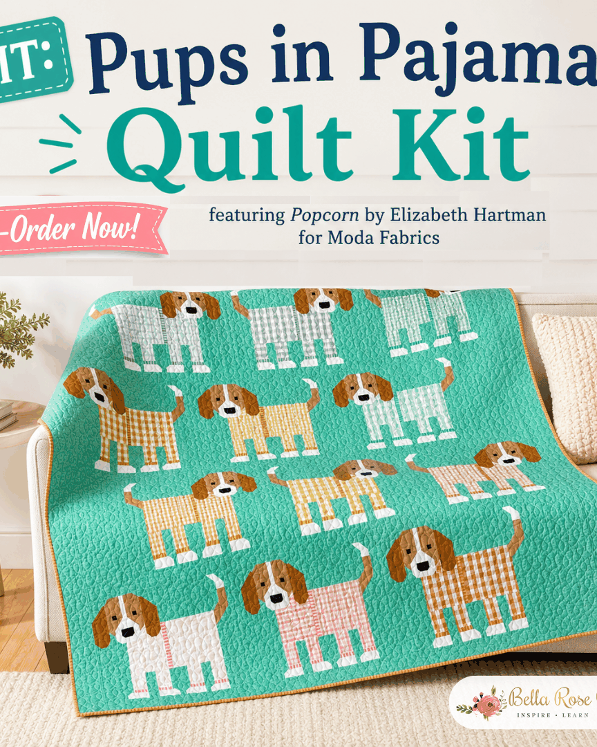 Pups in Pajamas quilt featuring dogs in striped pajamas from Popcorn collection by Elizabeth Hartman, Moda Fabrics pre-order kit