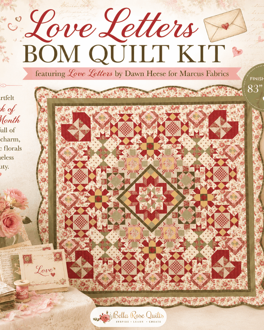 Love Letters BOM Quilt Kit pre-order featuring heart-shaped blocks and scalloped border, design by Dawn Heese