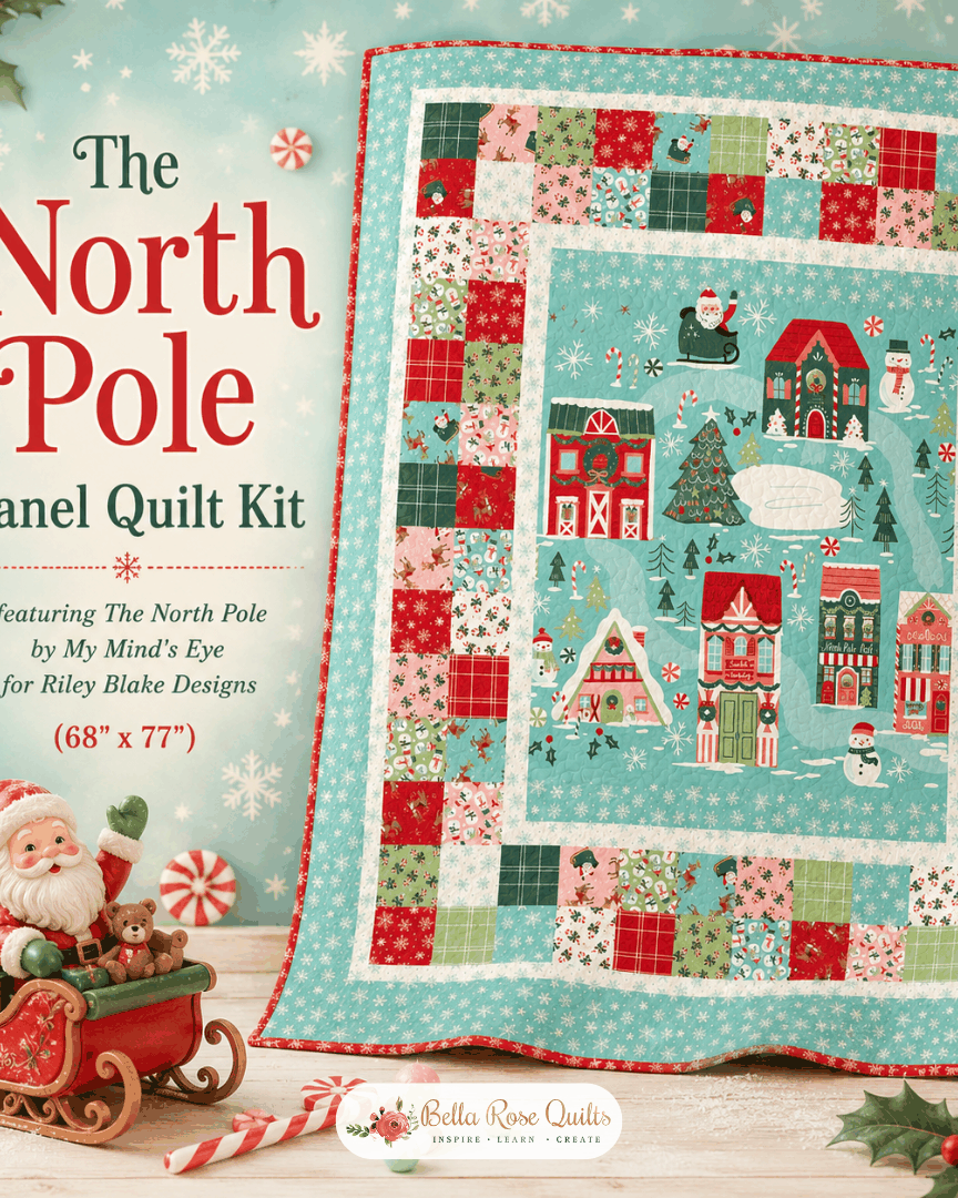 The North Pole Panel Quilt Kit featuring flannel fabrics and free pattern from My Mind's Eye for a 68x77 inch quilt top