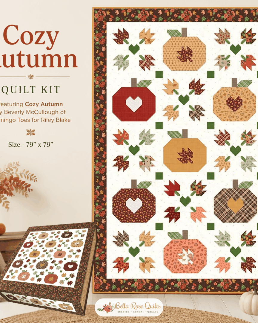 Cozy Autumn Quilt Kit by Beverly McCullough pre-order with autumn-themed fabric and pattern 79x79 inches