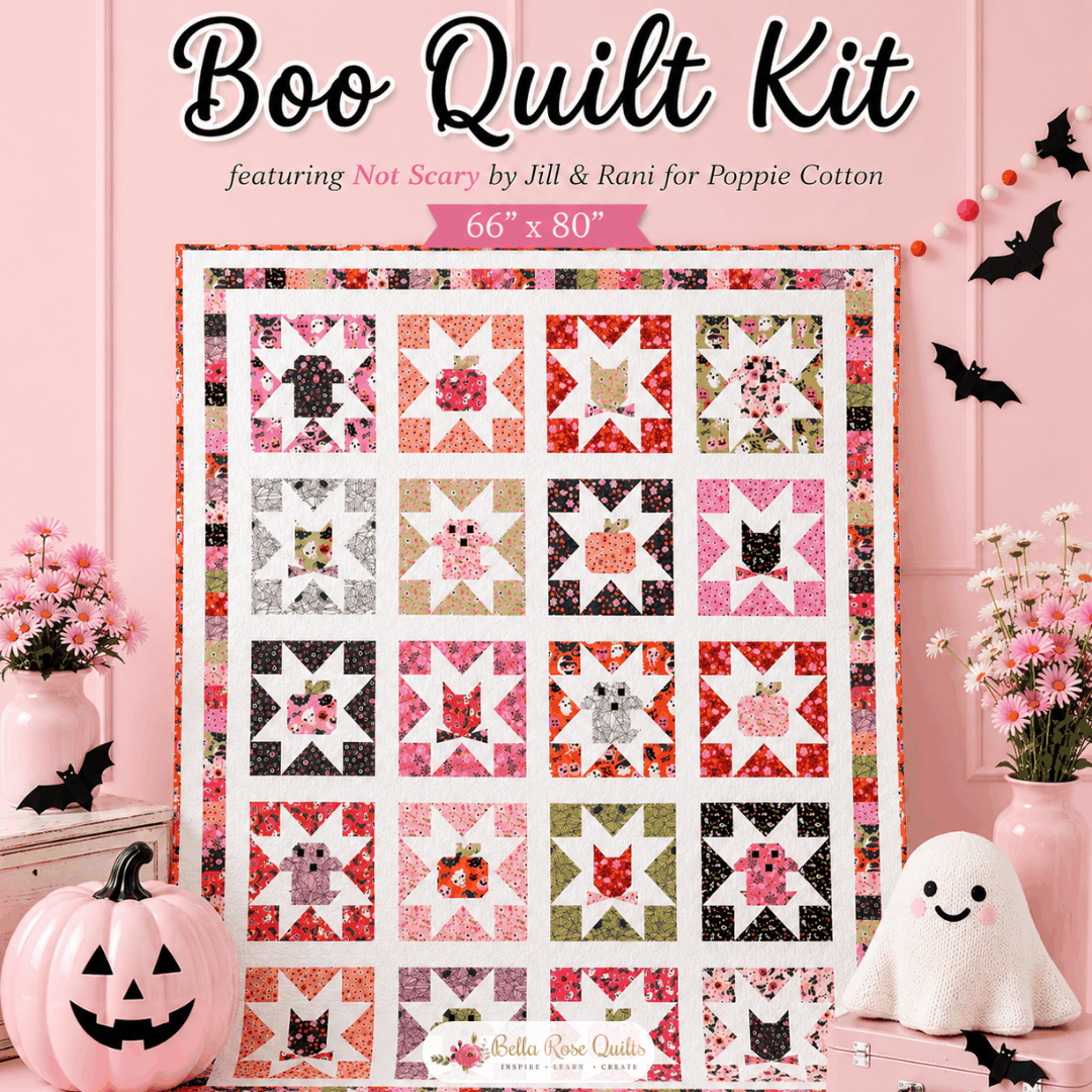 Pre-order Boo Quilt Kit featuring Not Scary fabric by Jill & Rani for a 66” x 80” Halloween quilt top