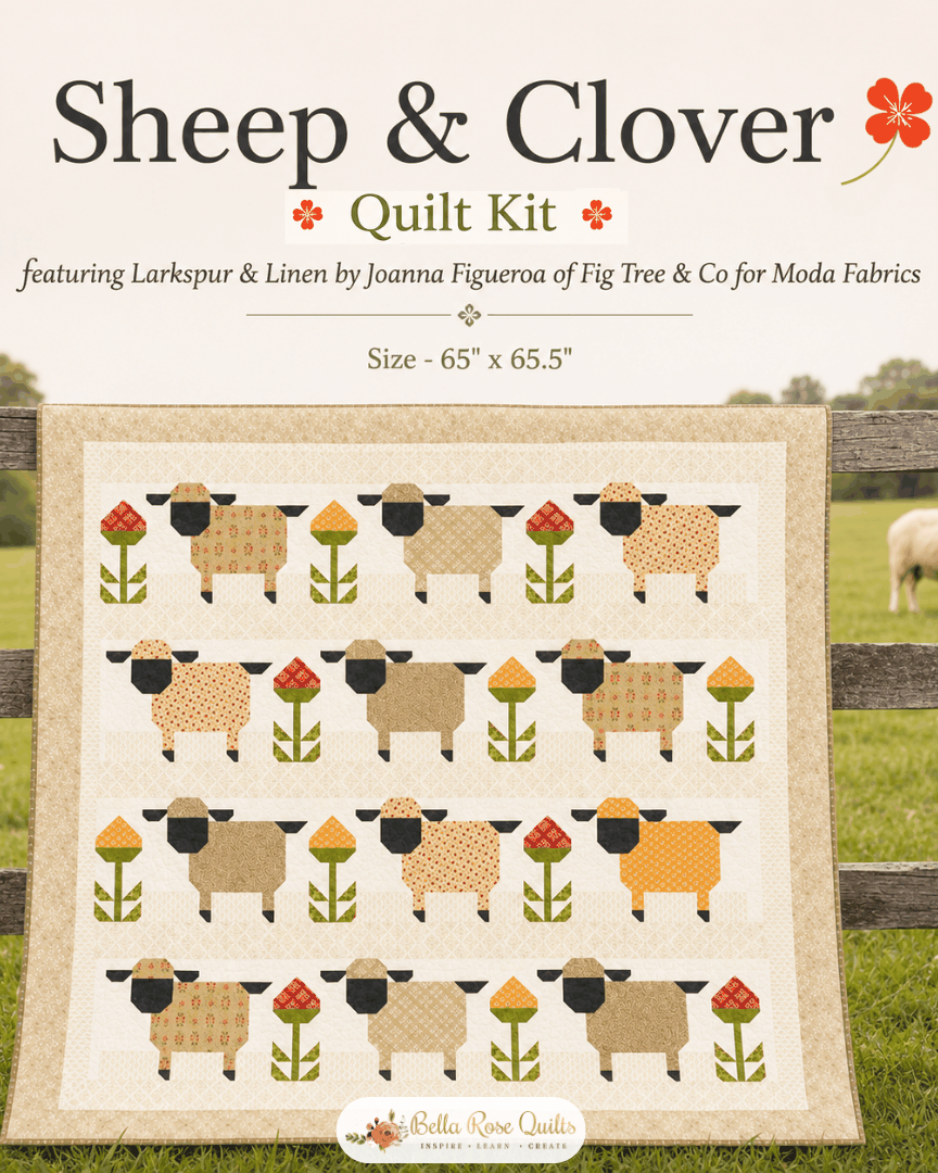 Sheep & Clover Quilt Kit by Fig Tree & Co featuring Larkspur & Linen fabrics, 65x65 inch quilt top, pre-order with boxed and backing options