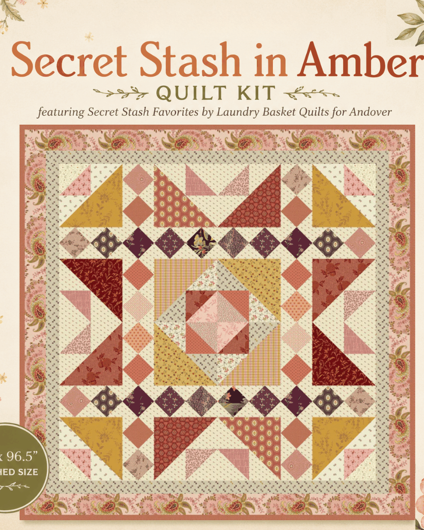 Pre-Order Secret Stash in Amber Quilt Kit with fabrics and pattern by Laundry Basket Quilts, 84x96.5 inches