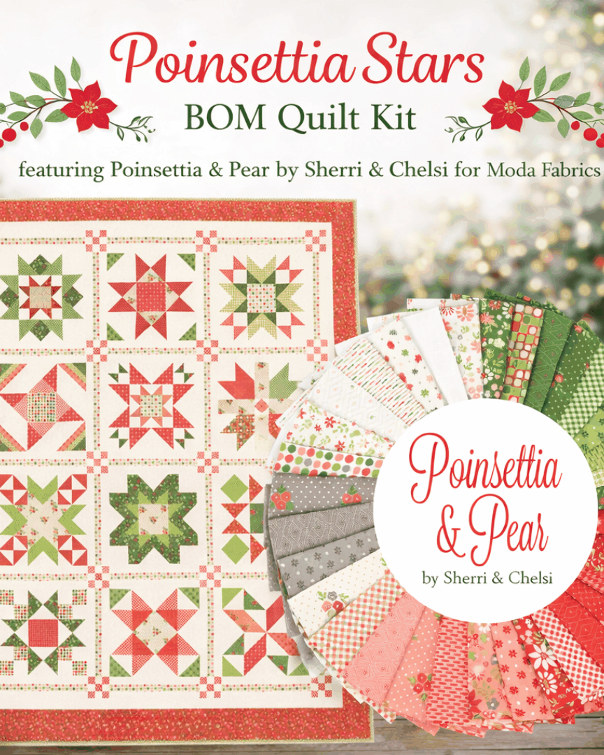 Pre-Order Poinsettia Stars BOM Quilt Kit with poinsettia and pear fabric by Sherri & Chelsi for Moda Fabrics