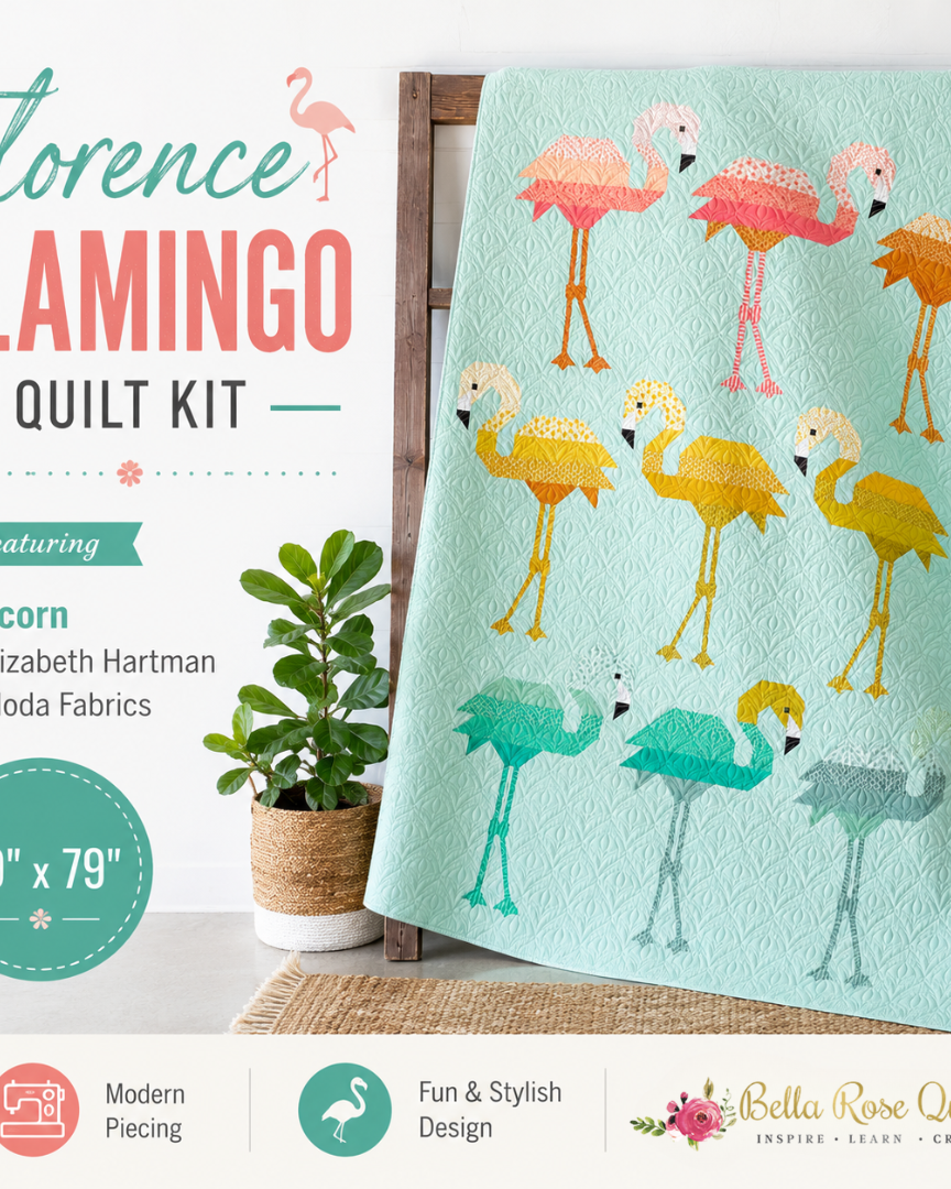 Florence Flamingo Quilt Kit featuring Popcorn fabric by Elizabeth Hartman, 59x79 inches, pre-order shipping November 2026