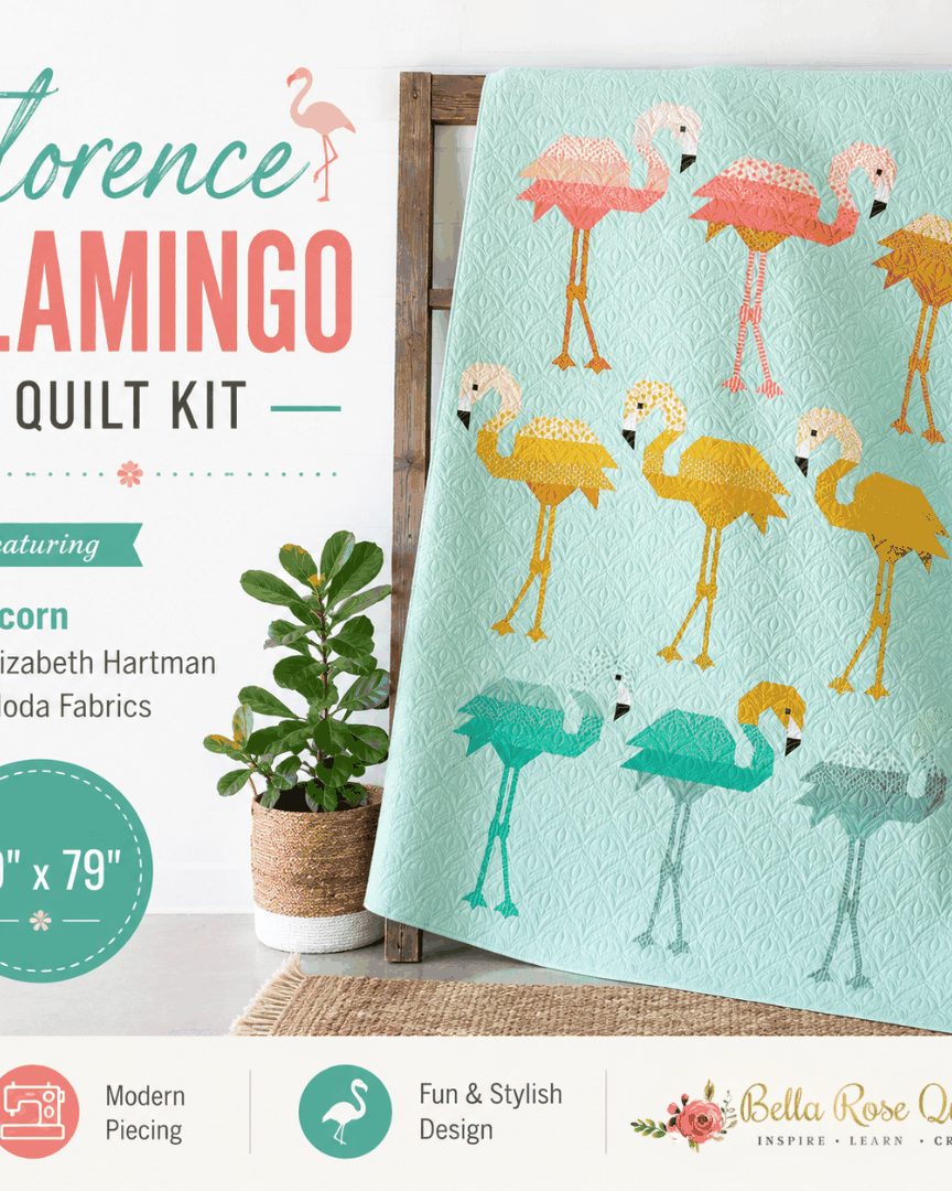 Florence Flamingo Quilt Kit featuring Popcorn fabric by Elizabeth Hartman, 59x79 inches, pre-order shipping November 2026