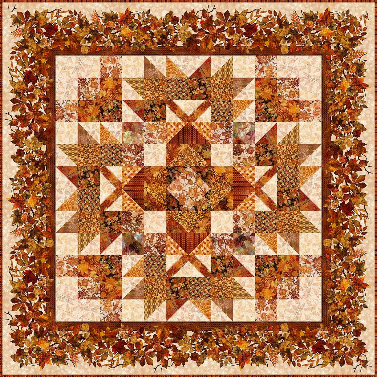Falling Leaves Quilt Pattern by Jason Yenter with autumn leaf designs and warm orange tones