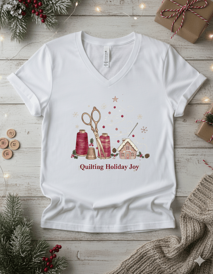 Quilting Holiday Joy women's relaxed v-neck t-shirt with sewing-themed holiday design on white fabric