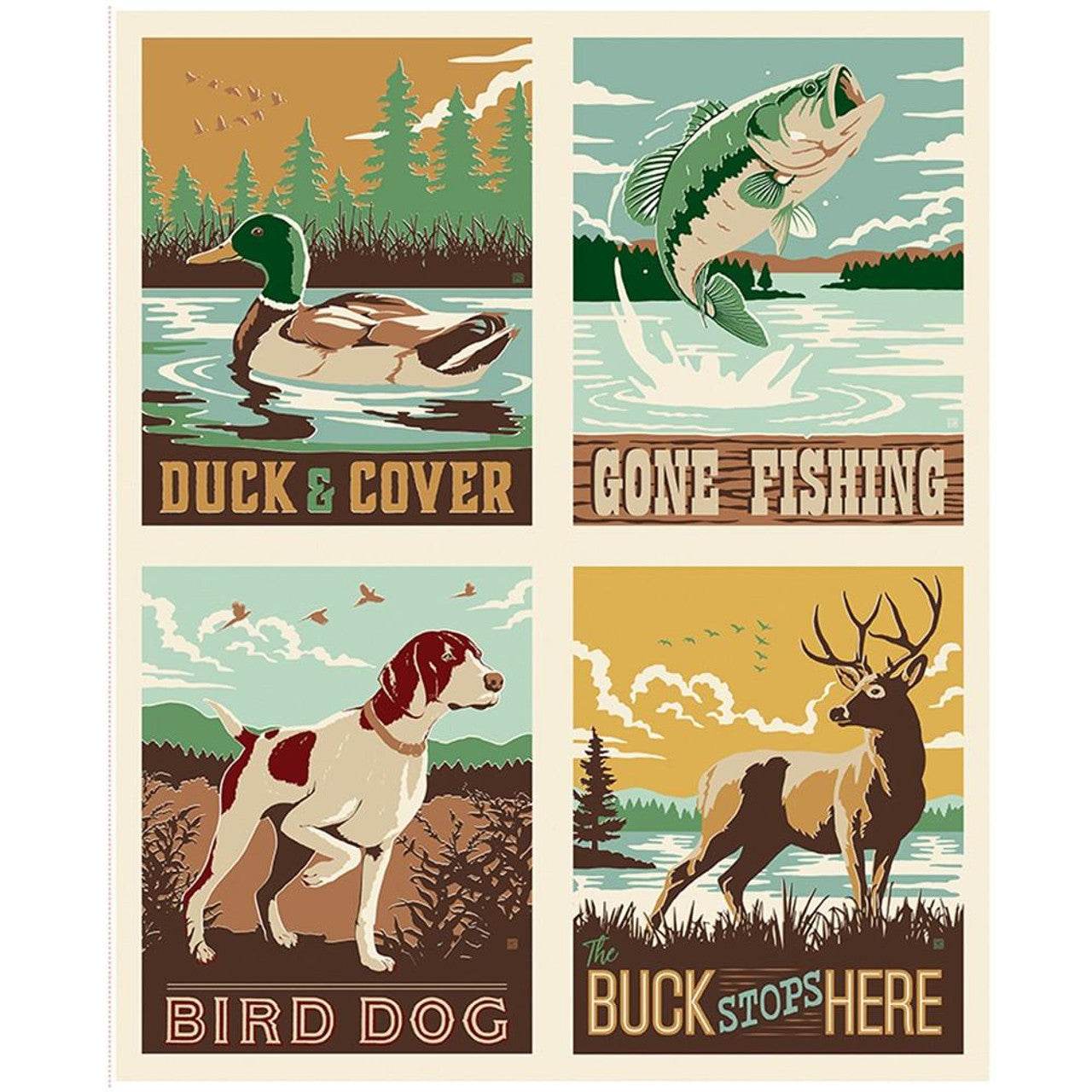 Plaid-Venture Club panel with outdoor hunting-themed illustrations including duck, fish, bird dog, and buck designs by Riley Blake Designs