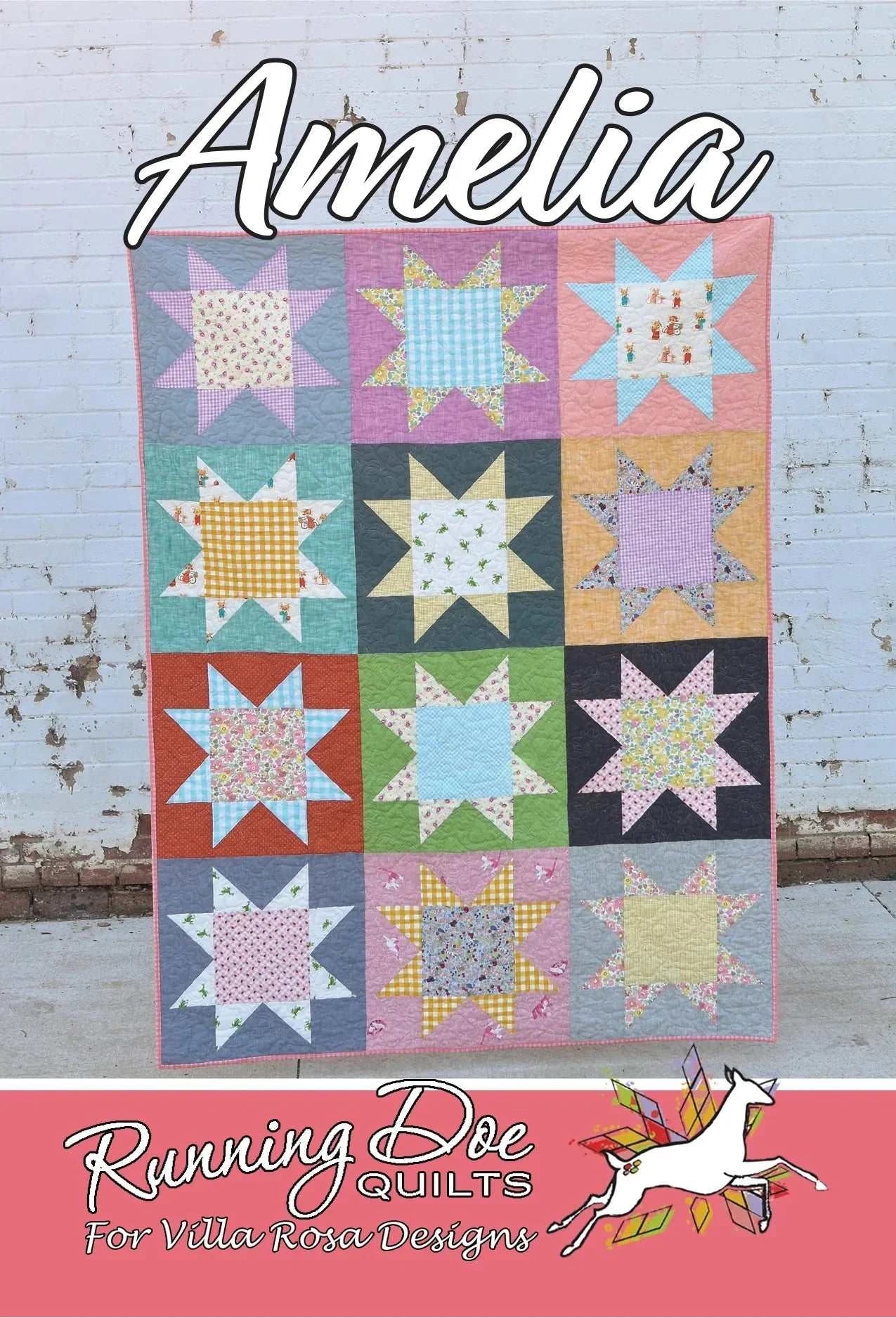 Amelia Pattern quilt by Running Doe Quilts featuring colorful star blocks on a 52.5x70 inch quilt