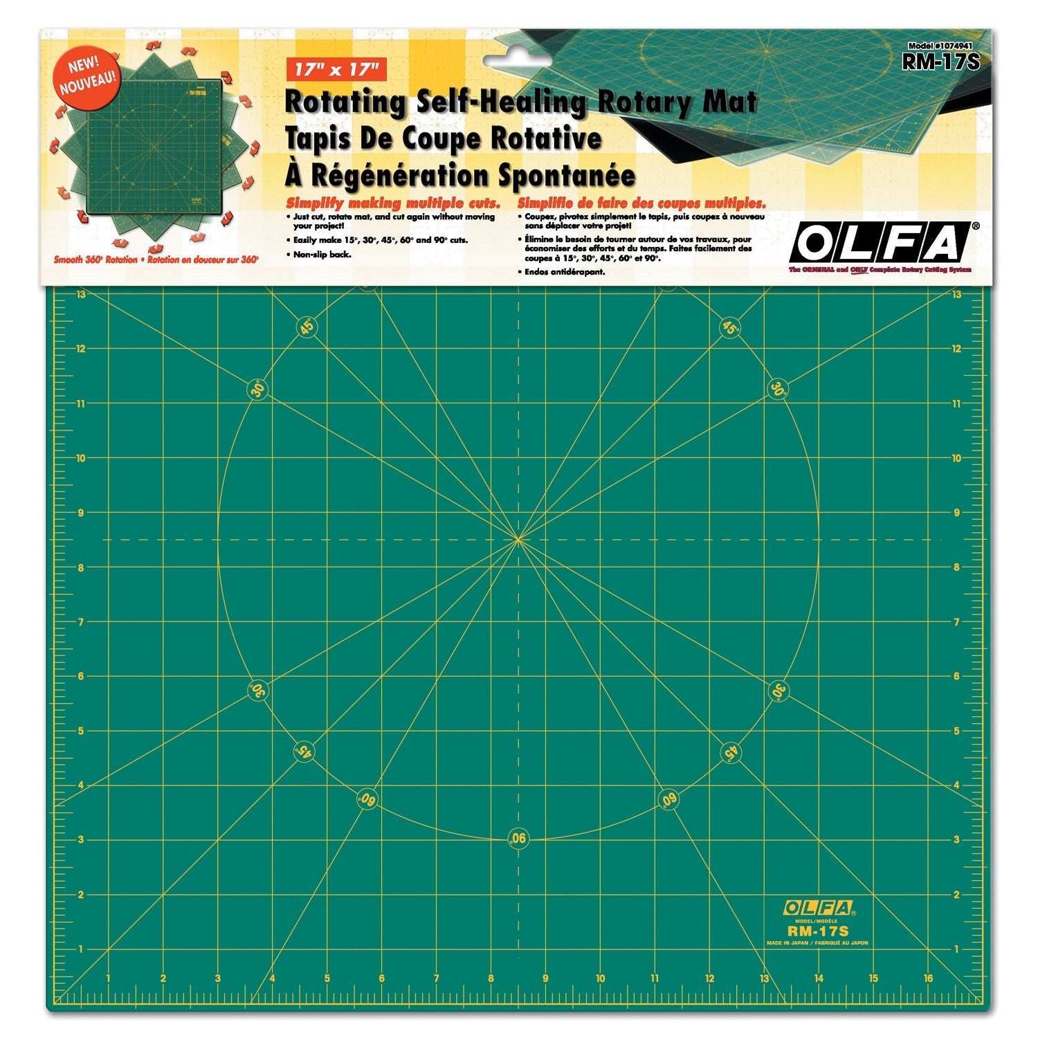 Olfa 17x17" rotating self-healing cutting mat with non-slip back and 360-degree rotation.
