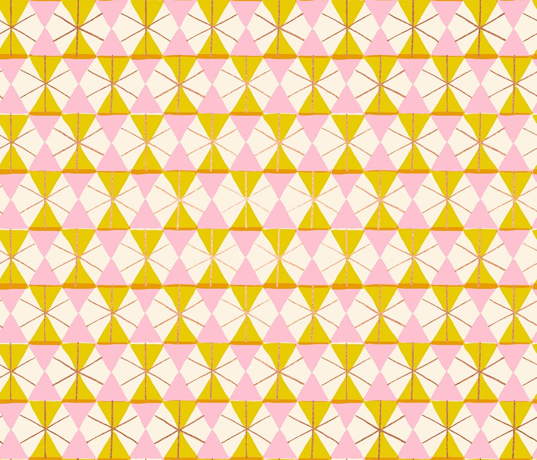 Merry Happy vintage holiday fabric by Kimberly Kight featuring geometric plaid and festive ornaments in golden hour tones