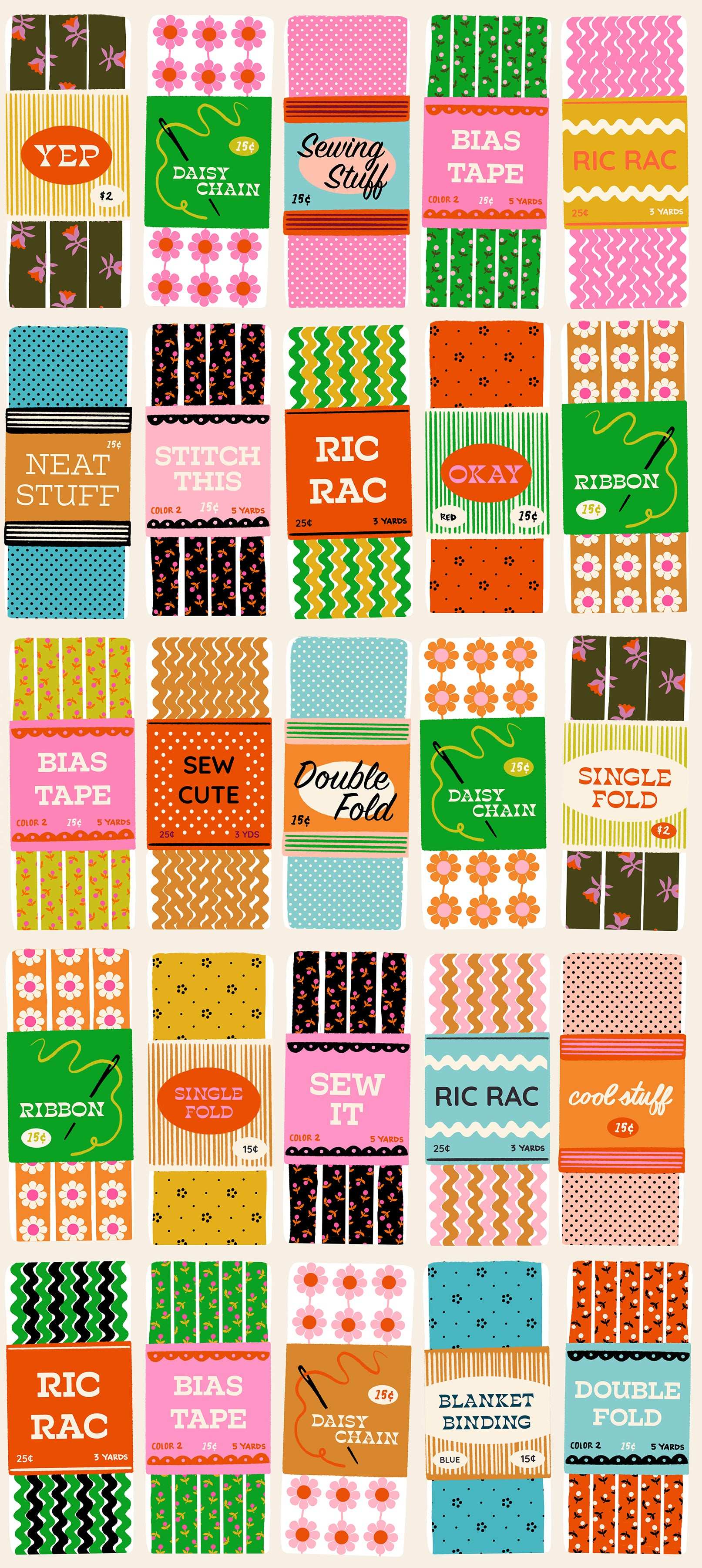 RS5207 11 1-800 Notion Sew Cute Shell fabric by Ruby Star Society with colorful sewing notions and buttons design