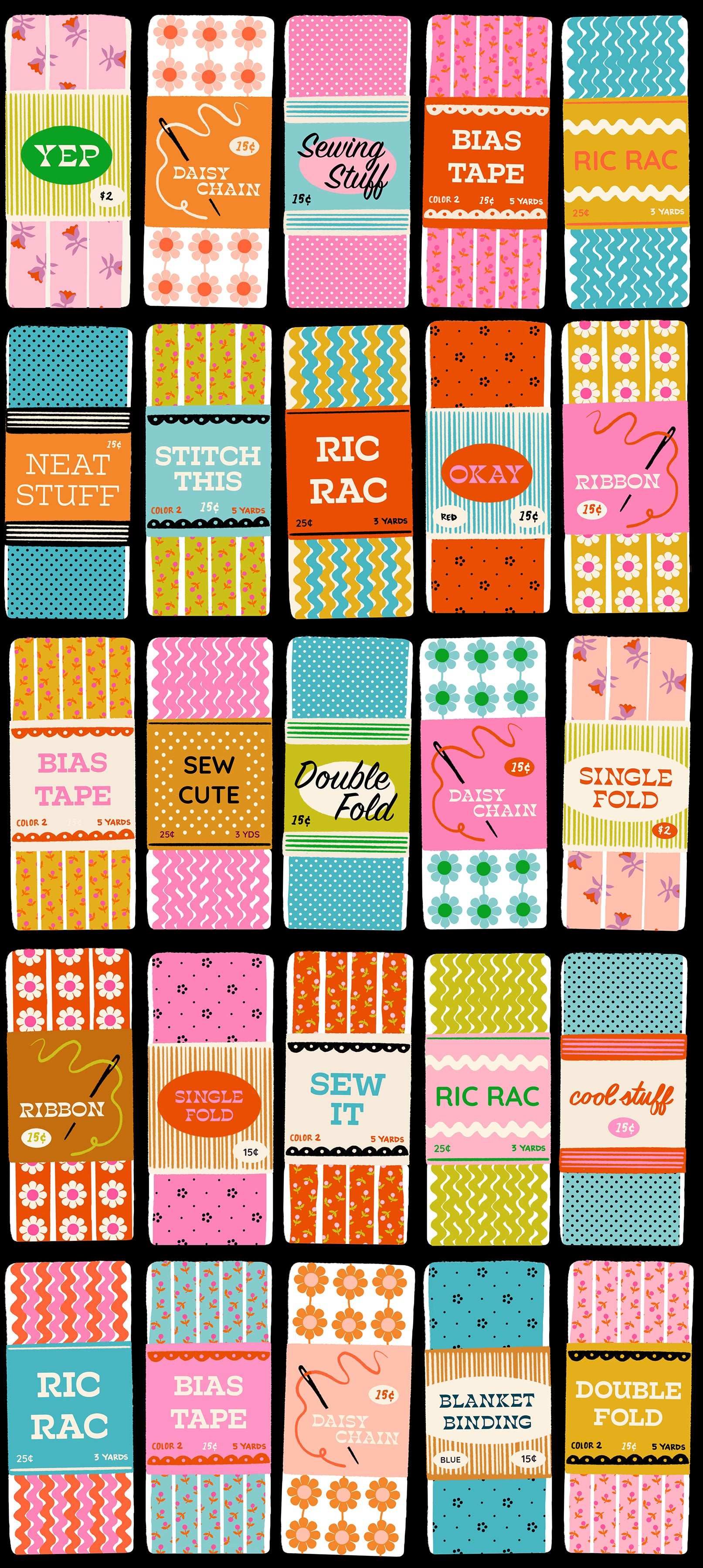 1 800 Notion sewing-themed black fabric with colorful notions and crafty motifs by Ruby Star Society