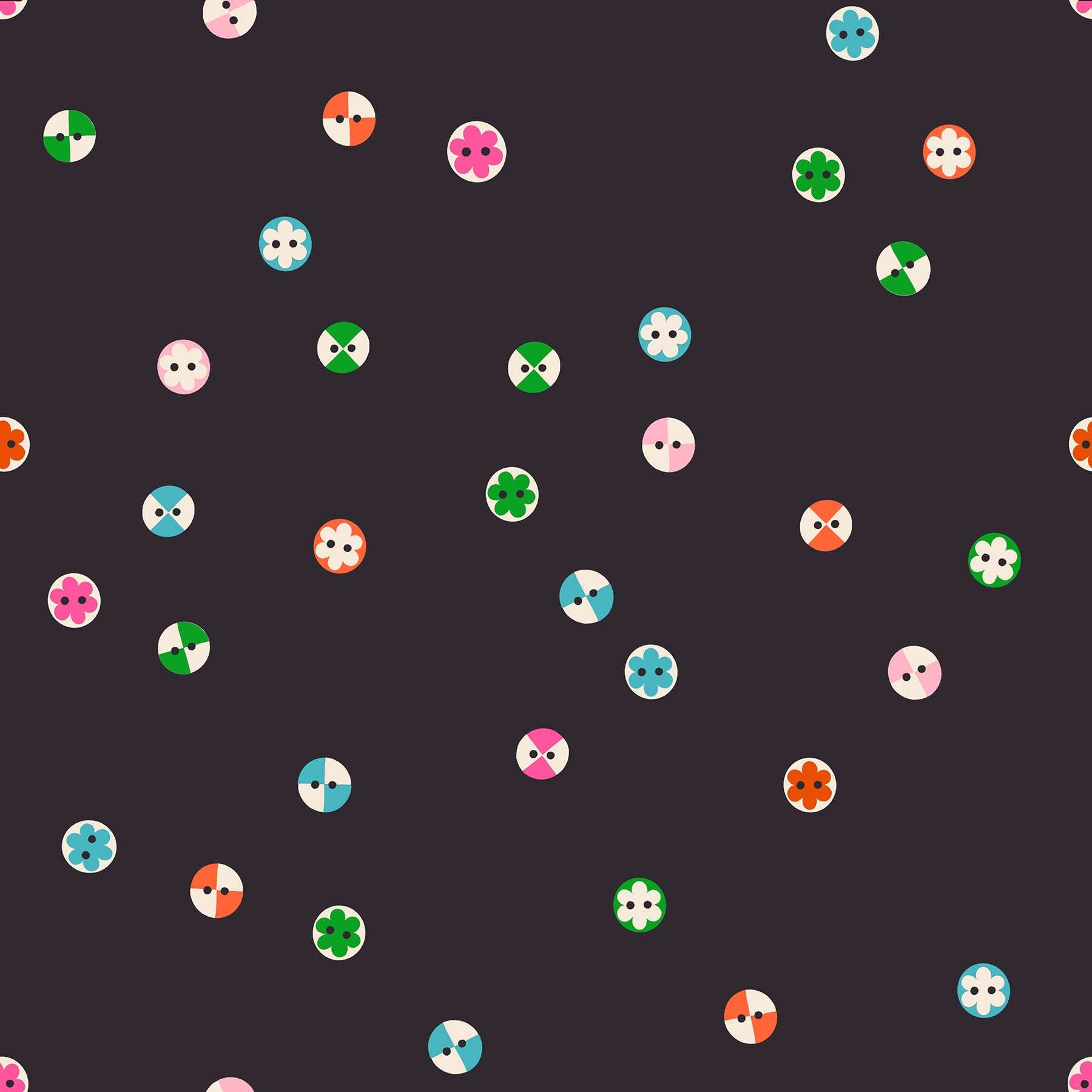Soft black 1-800 Notion Buttons fabric by Ruby Star Society with colorful sewing notions and buttons on black background