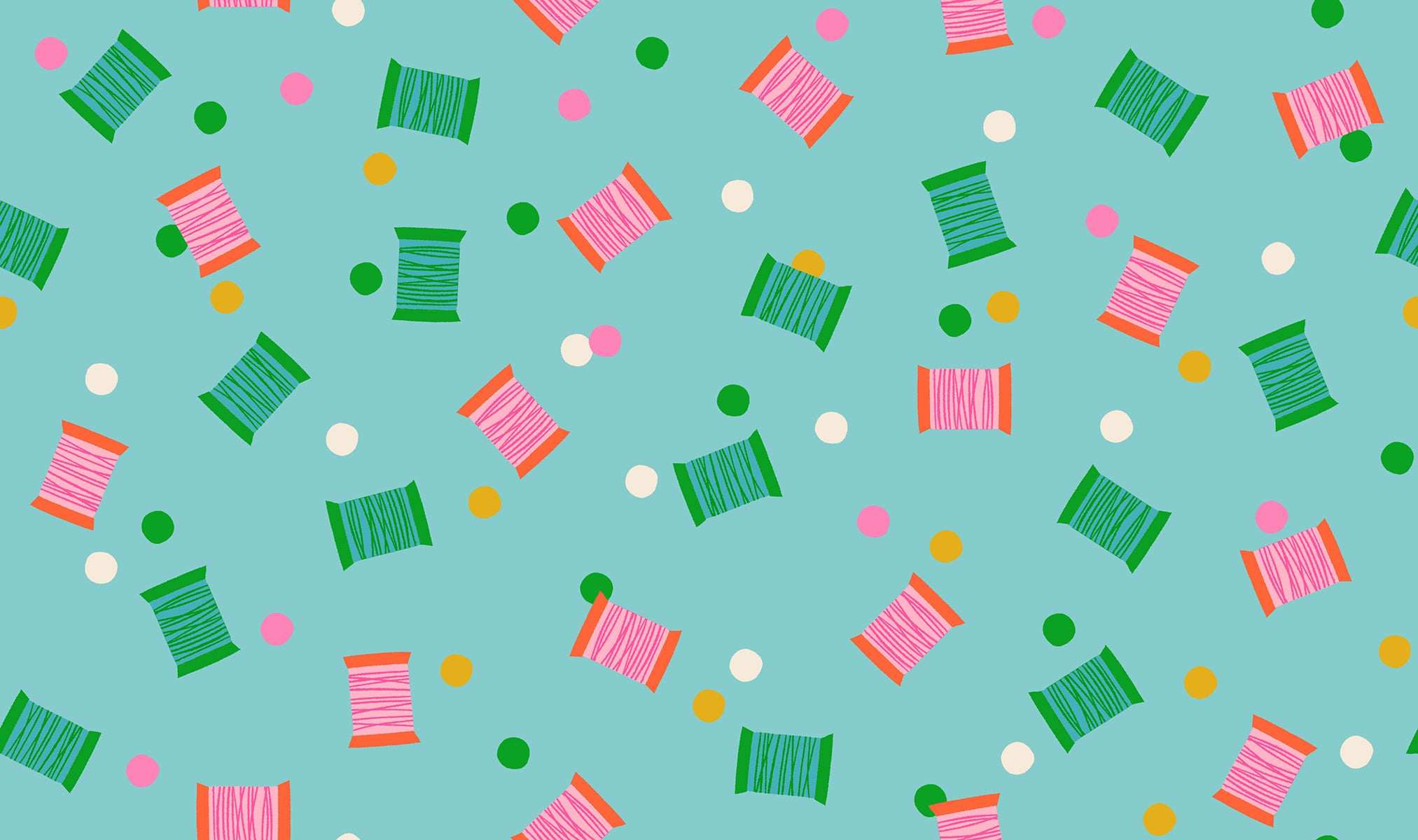 Colorful 1 800 Notion sewing-themed fabric with spools and buttons by Ruby Star Society for Moda Fabrics