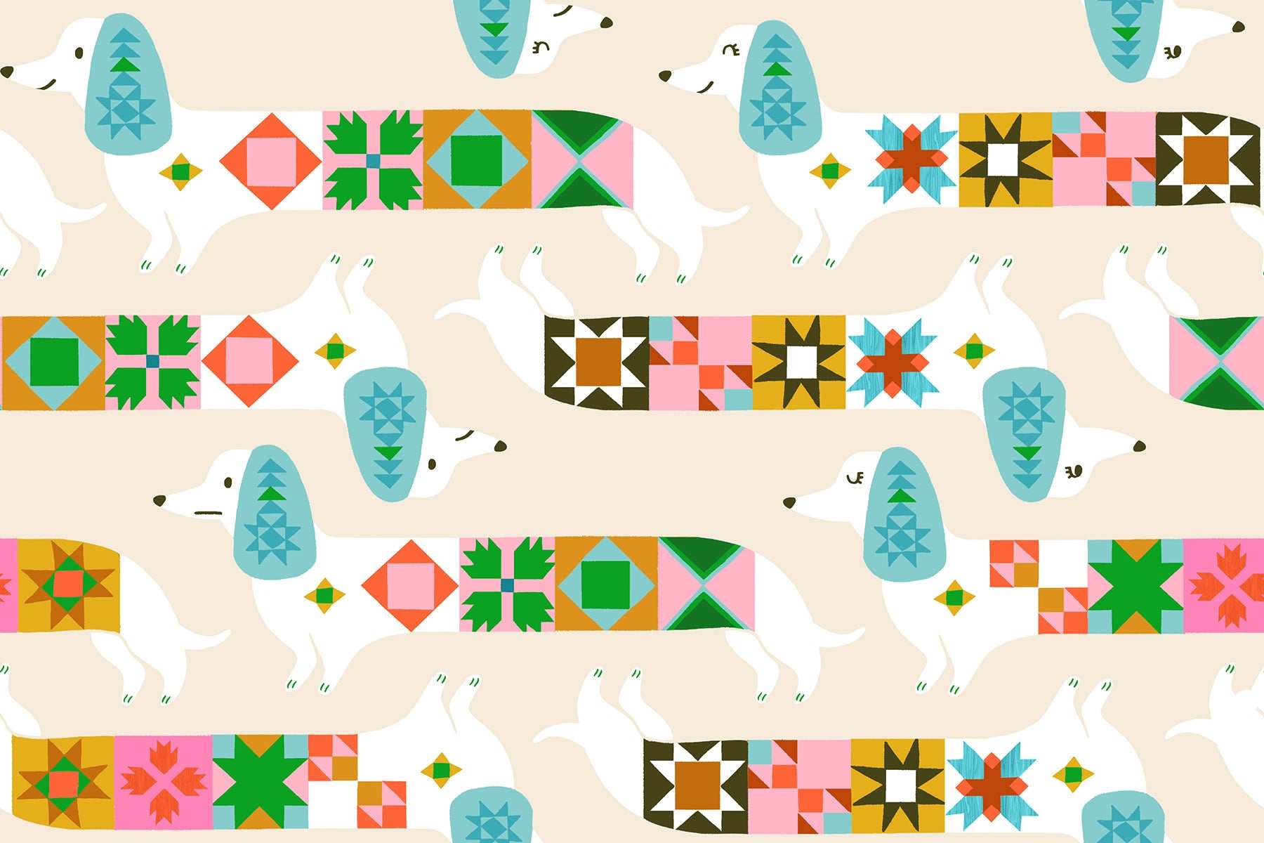 1 800 Notion Quilty Dog Shell fabric by Ruby Star Society with colorful sewing notions on cream background