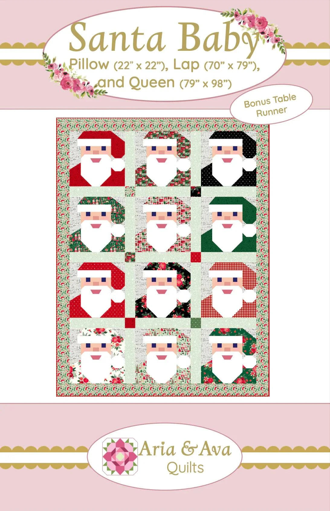 Santa Baby Quilt Kit pattern cover featuring Santa Claus patchwork design for 60x79 throw size by Aria & Ava Patterns