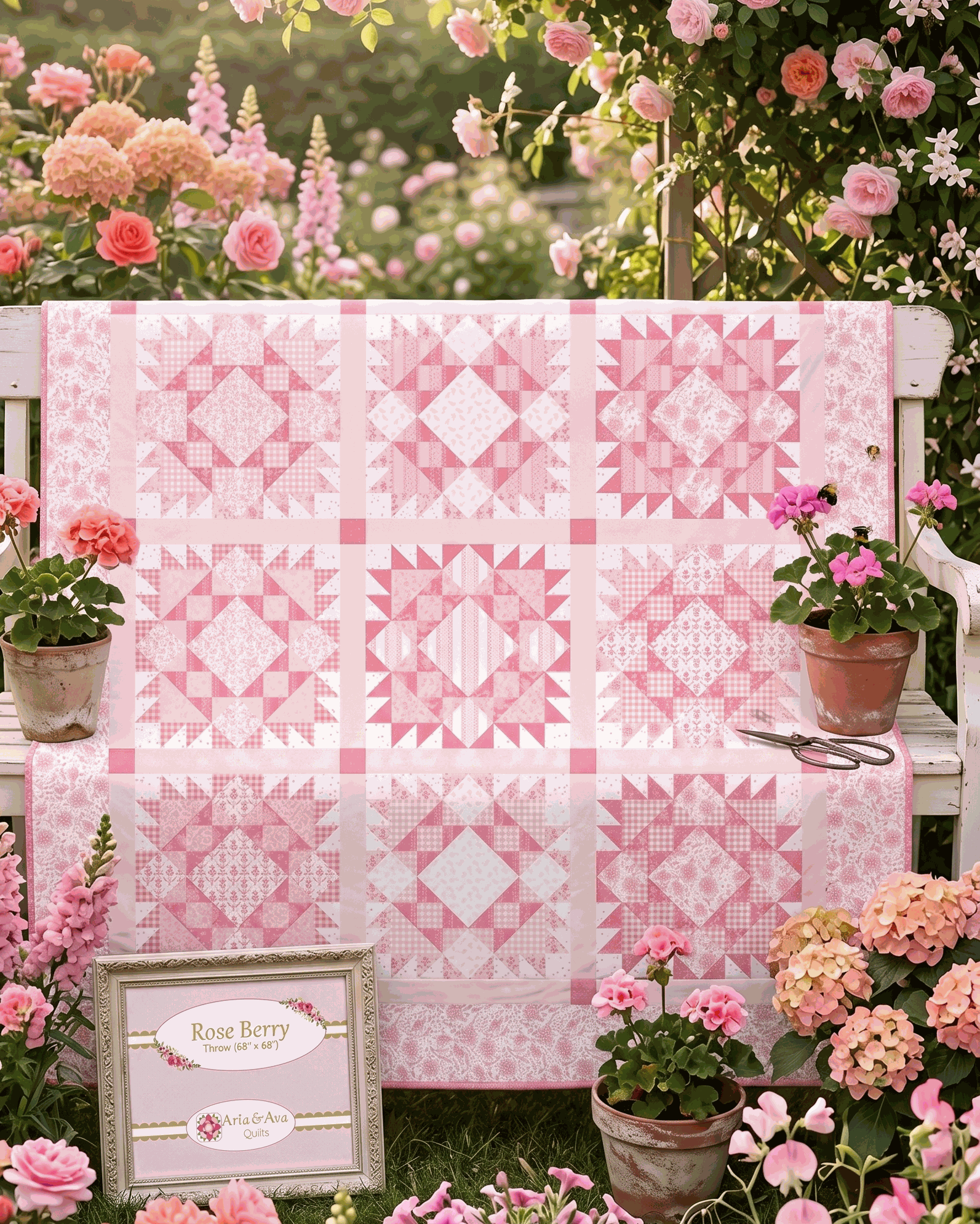 Rose Berry Quilt Kit with Sweet Pink fabric bundle and pattern by My Mind's Eye for Riley Blake Designs, 68x68 inches