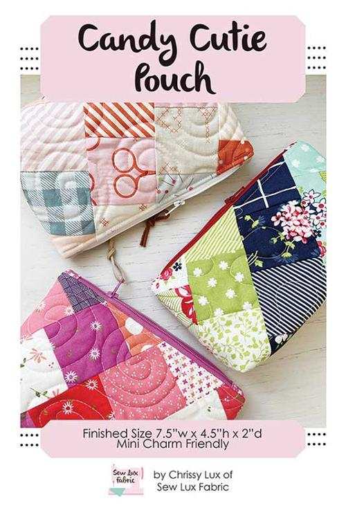 Candy Cutie Pouch Kit by Chrissy Lux with pattern, fabrics, zippers, and stabilizer for 7.5"x4.5"x2" pouch