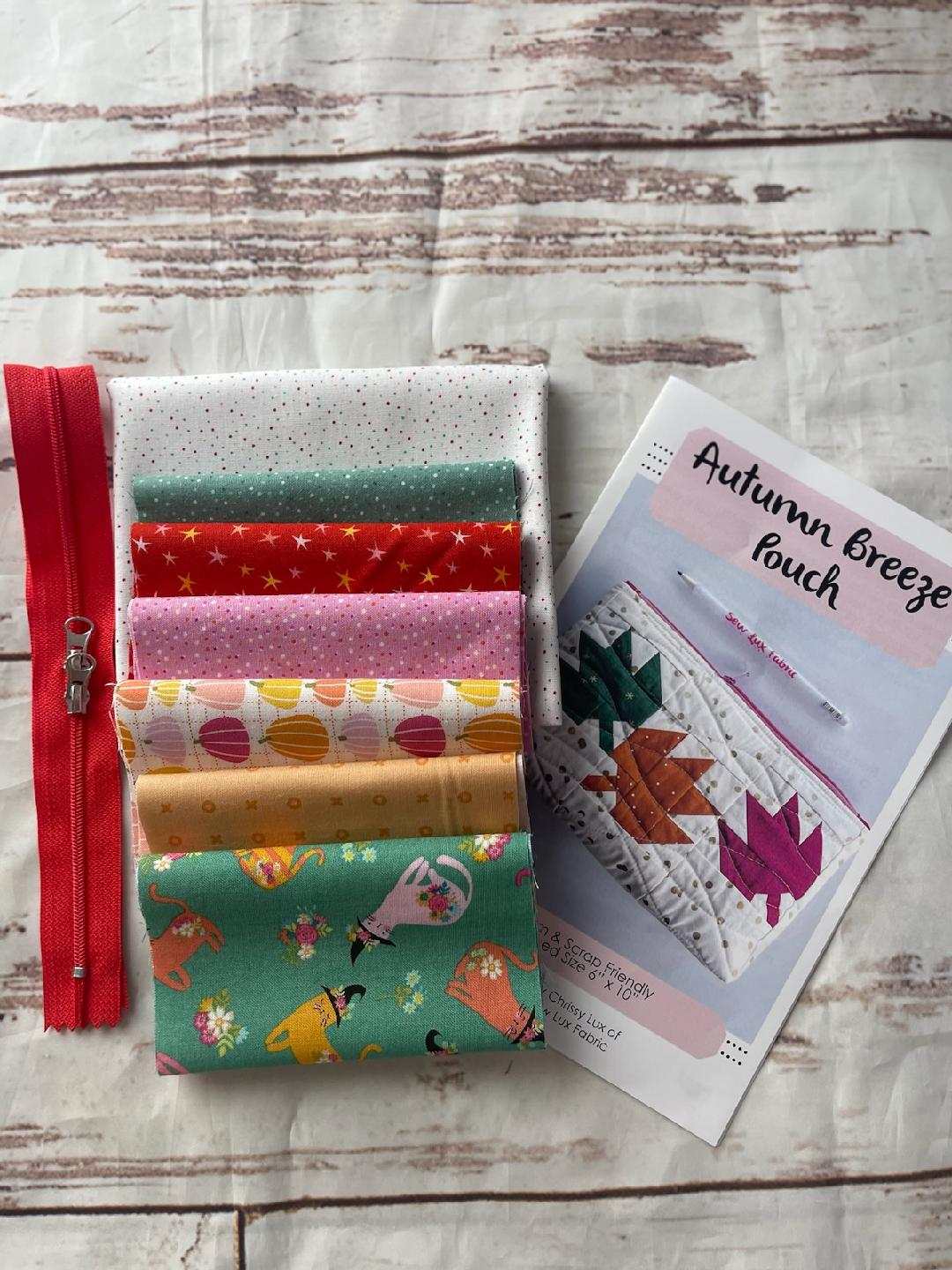 Autumn Breeze Pouch Kit with colorful fabric, zipper, and pattern for 6x10 inch pouch by Sew Lux Fabrics