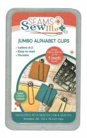 Seams Sew Me jumbo alphabet clips for organizing quilt fabric stacks with durable metal clips in a storage tin