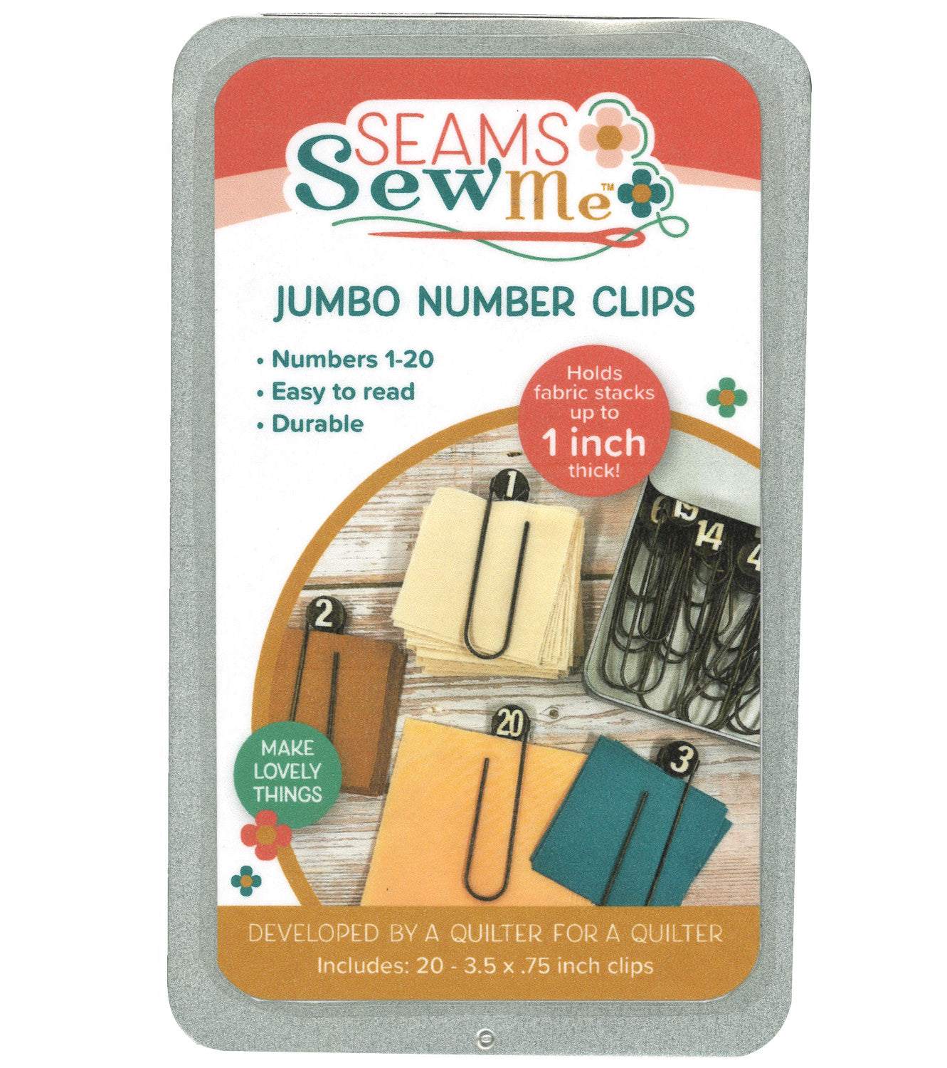 Seams Sew Me jumbo number clips for organizing fabric stacks up to 1 inch thick, durable metal clips with numbers 1-20 in storage tin
