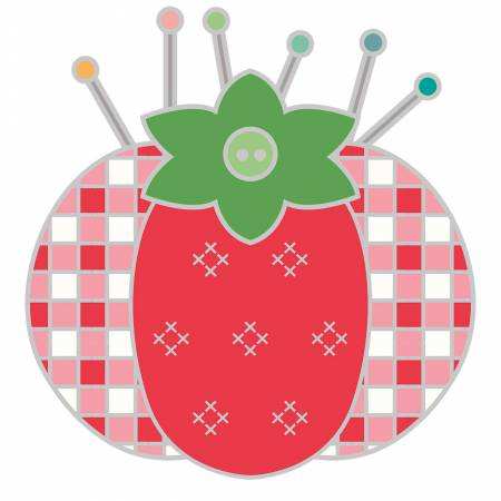 My Happy Place tomato pin cushion enamel needle minder with sewing pins by Lori Holt