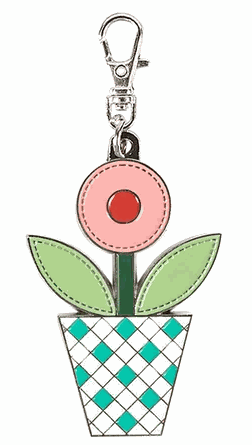 Gingham Garden Enamel Happy Charm flower keychain with gingham-patterned pot and pink enamel flower