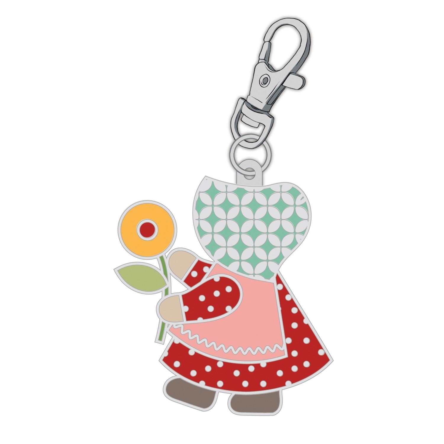 Bee Vintage Enamel Charm featuring Sunbonnet Sue holding a flower with a clasp attachment