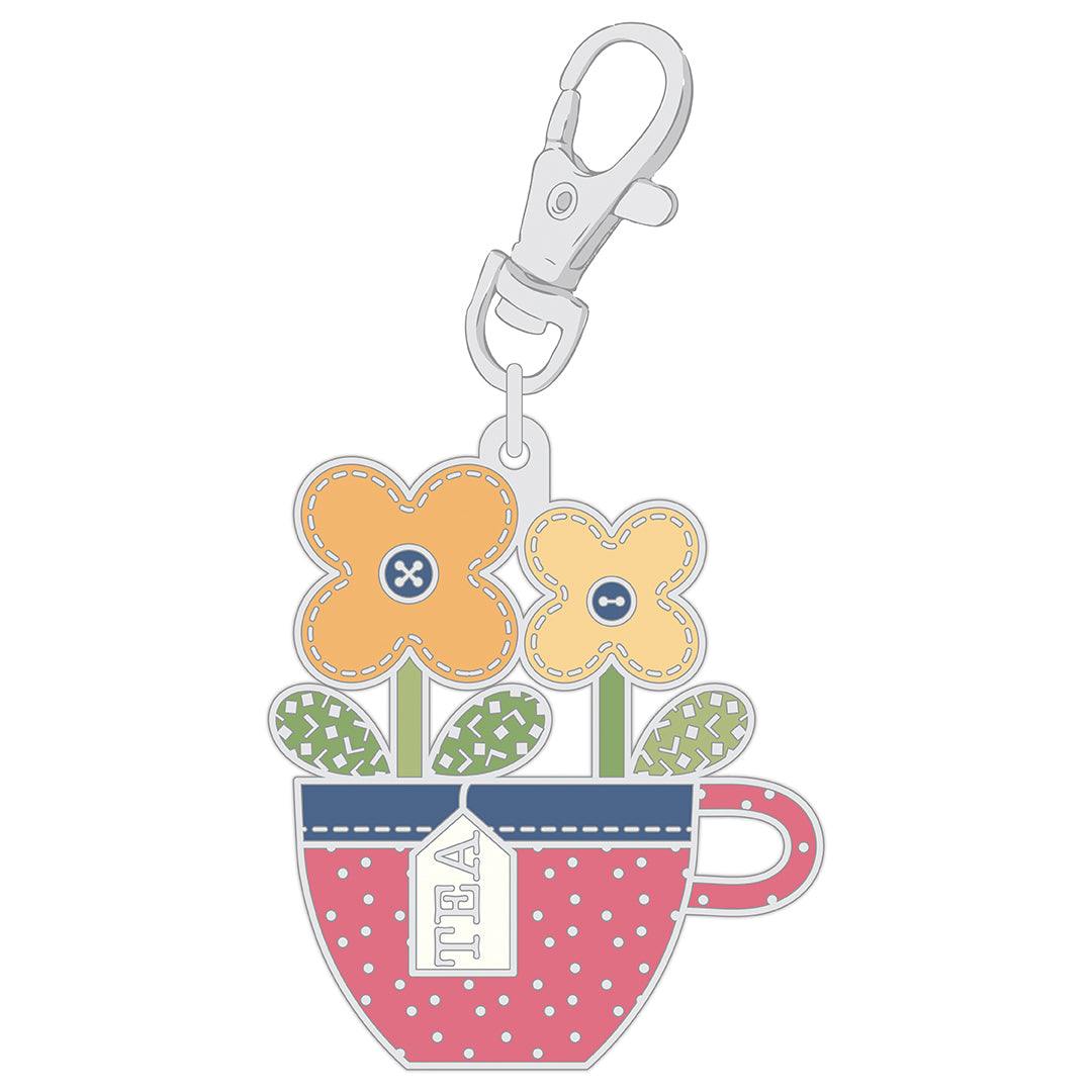 Lori Holt Home Town Happy Teacup enamel charm with flowers and keychain clip