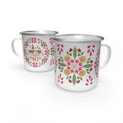 Home Town Holiday Enamel Tin Mug by Lori Holt featuring chapel print motifs holding 20 ounces