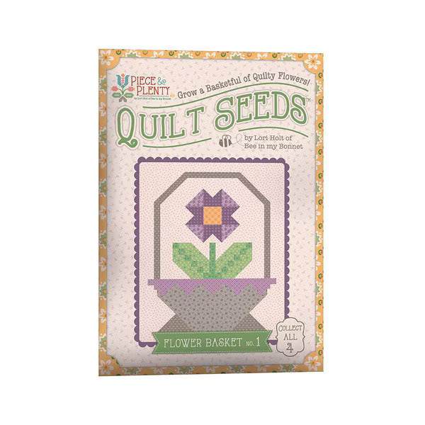 Lori Holt Piece & Plenty Quilt Seeds Pattern Flower Basket No. 1 quilt block with bright flowers in basket design