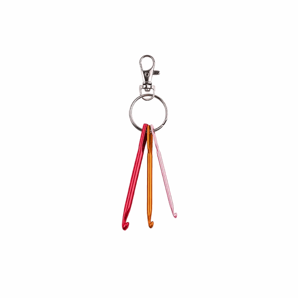 Lori Holt Mini Crochet Hook Set with 3.5mm, 4.0mm, and 4.5mm hooks on steel split-ring with lobster clasp for easy carrying