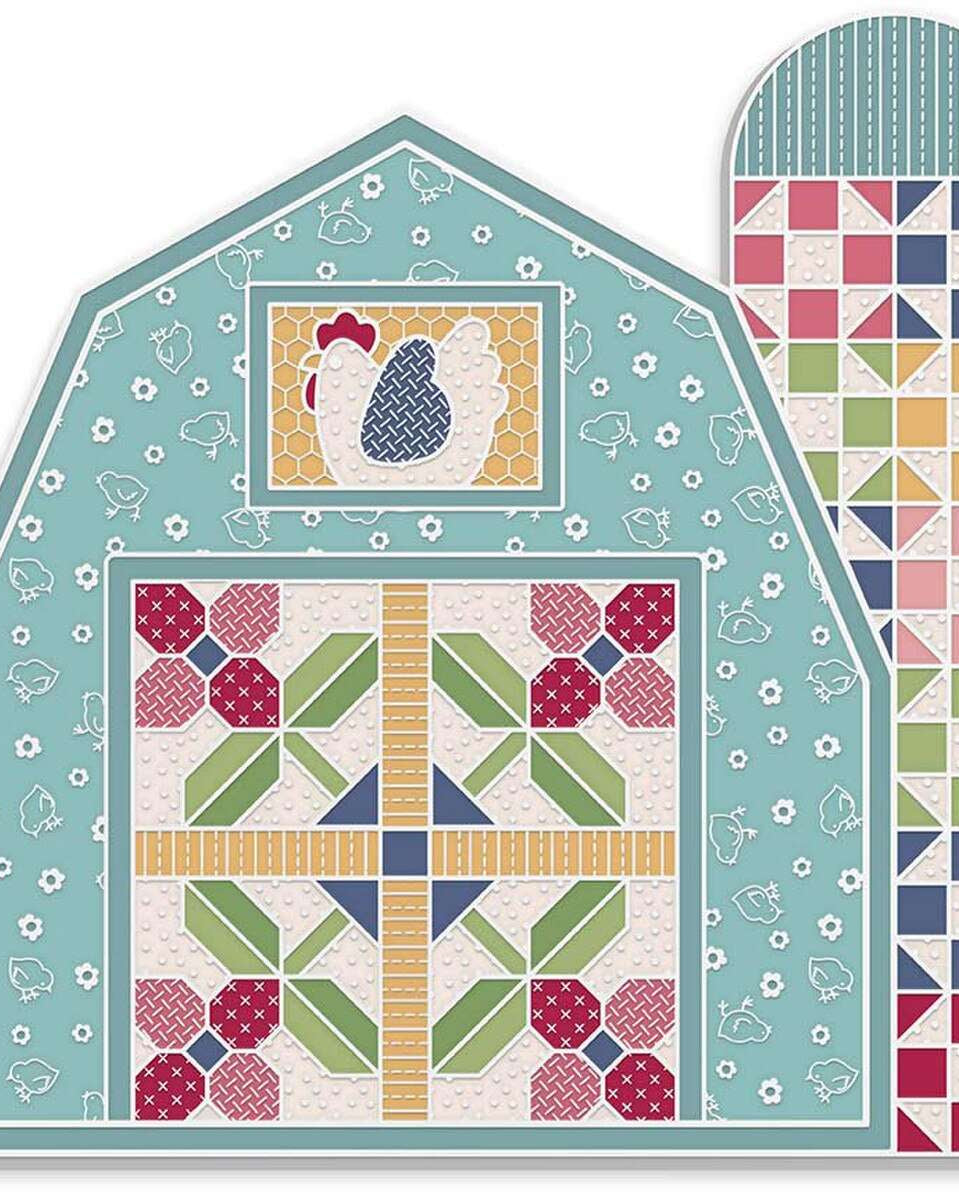 The Farmer's Daughter Barn needle and scissor minder by Lori Holt with colorful quilt block design and chicken illustration