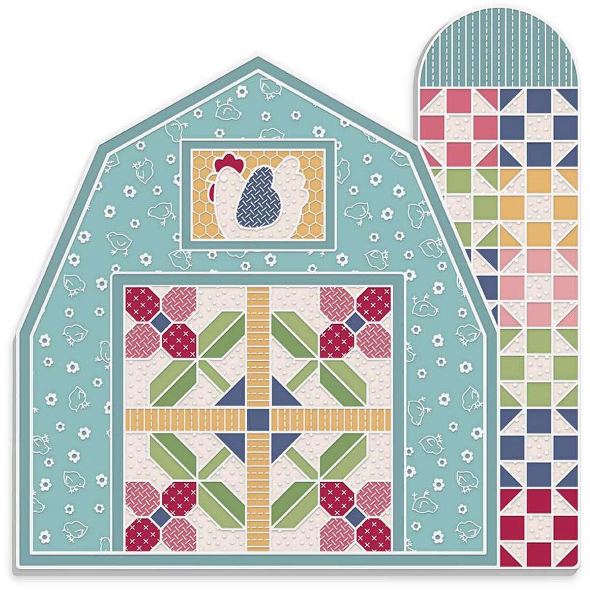 The Farmer's Daughter Barn needle and scissor minder by Lori Holt with colorful quilt block design and chicken illustration
