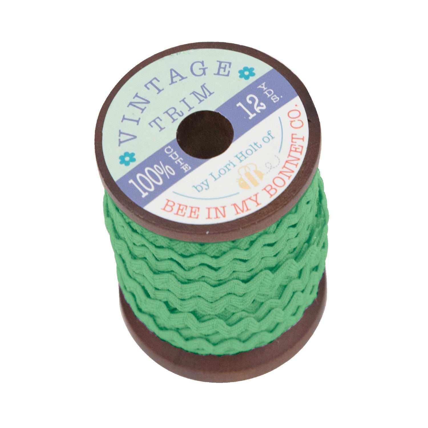 Lori Holt 3/8 inch Alpine green vintage ric rac trim on wooden spool