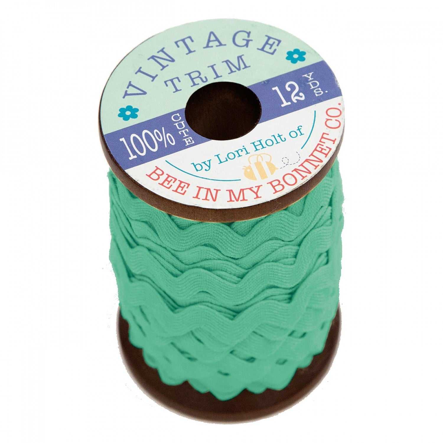 Lori Holt 3/8" vintage ric rac trim in sea glass color on wooden spool, 12 yards
