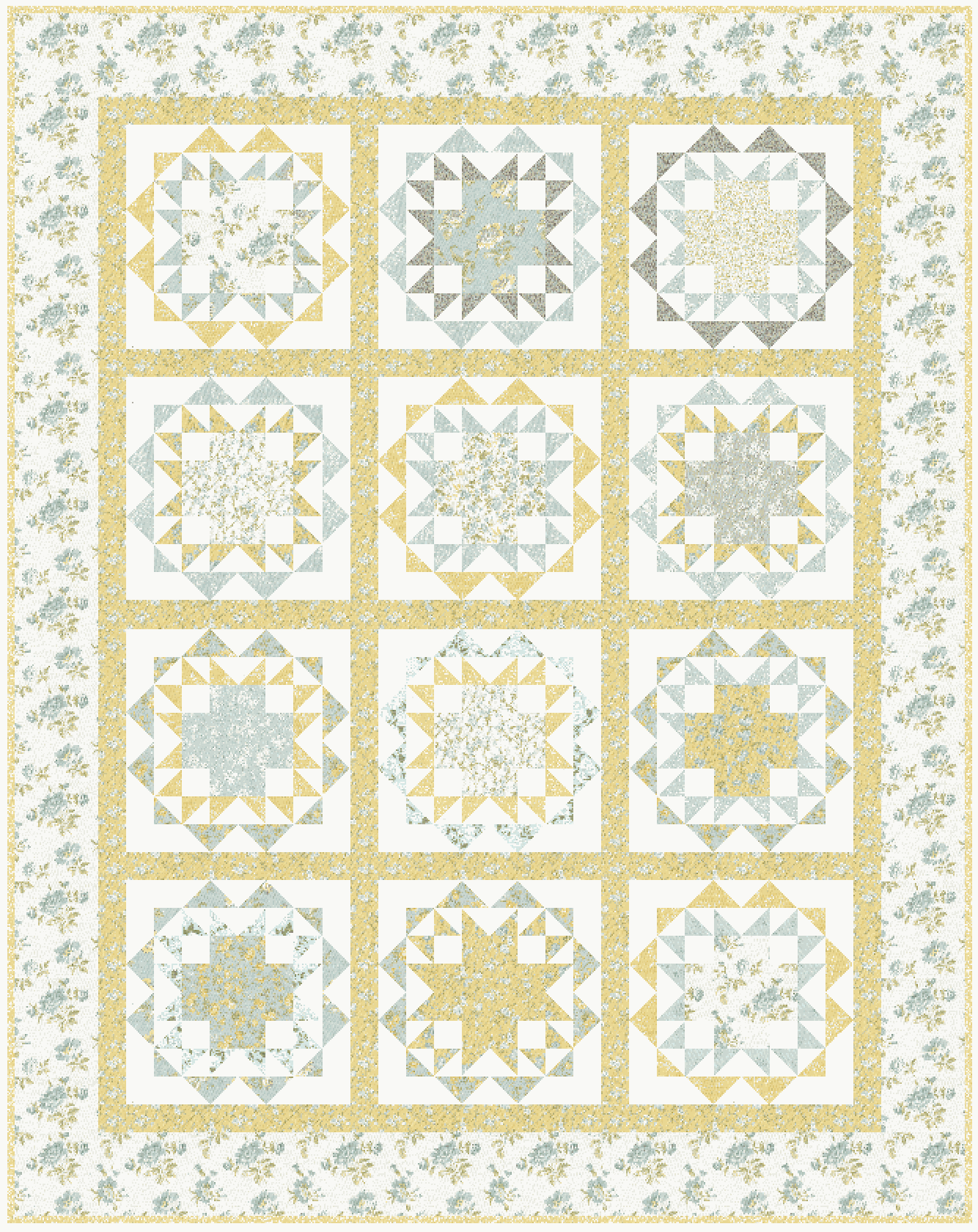 Mercy Me Quilt Kit with Aria & Ava pattern and Honeybloom fabrics in soft yellow, blue, and gray floral design