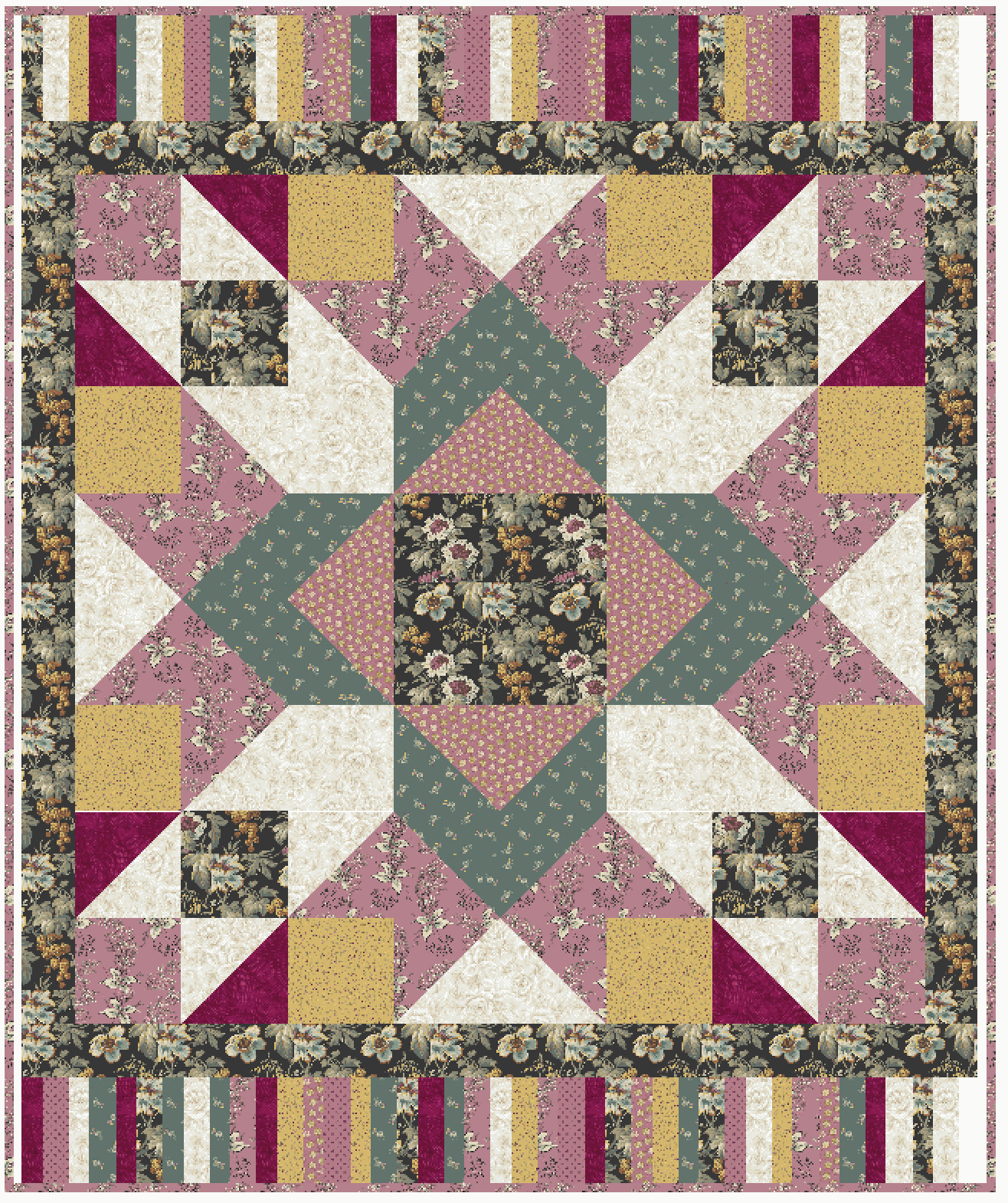 Meet Me In St. Louis Kit quilt with floral and geometric patterns in pink, green, yellow, and cream colors, 54x66 size