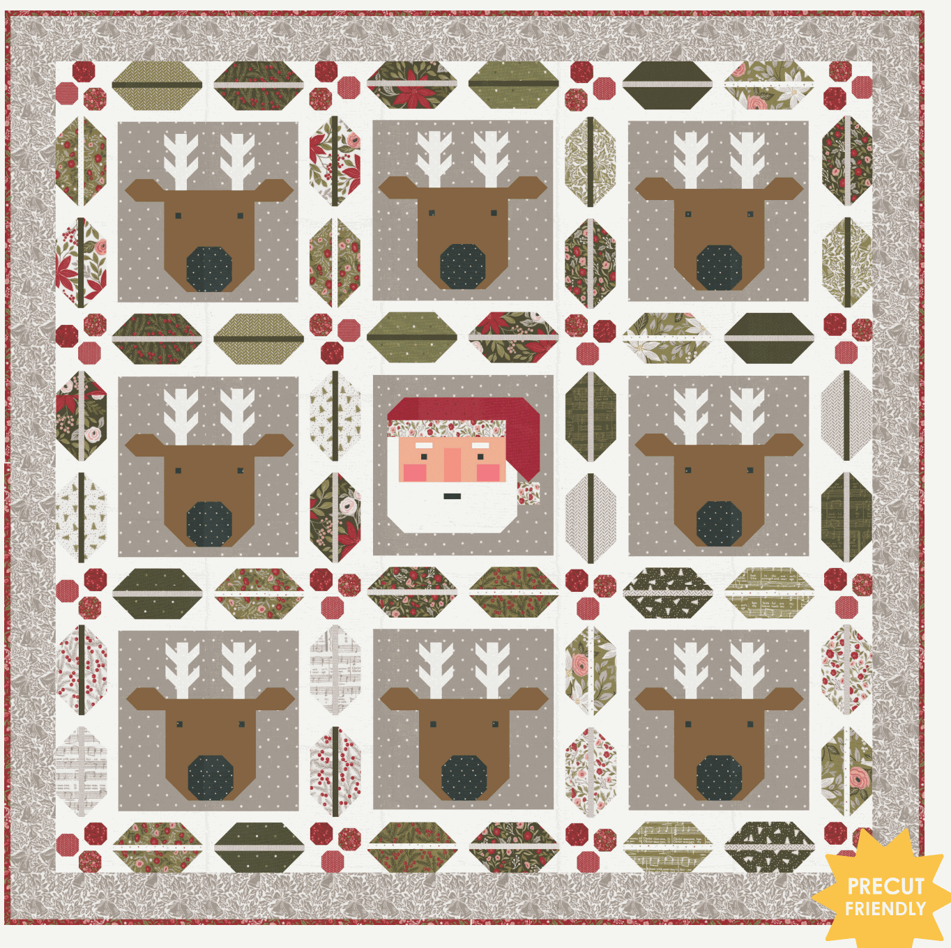 Christmas Crew Quilt Kit with reindeer and Santa block pattern featuring Berry & Pine fabric collection by Vanessa Goertzen