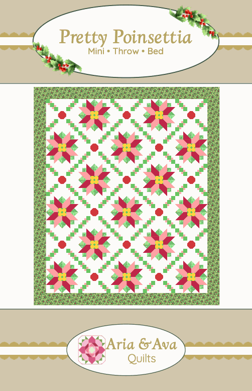 Pretty Poinsettia quilt pattern featuring scrappy holiday poinsettia blocks with green and red border by Aria & Ava Quilts