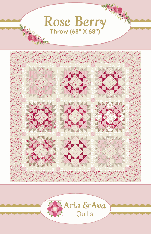 Rose Berry quilt pattern by Aria & Ava Quilts featuring pink and cream heirloom throw-sized design 68 x 68 inches