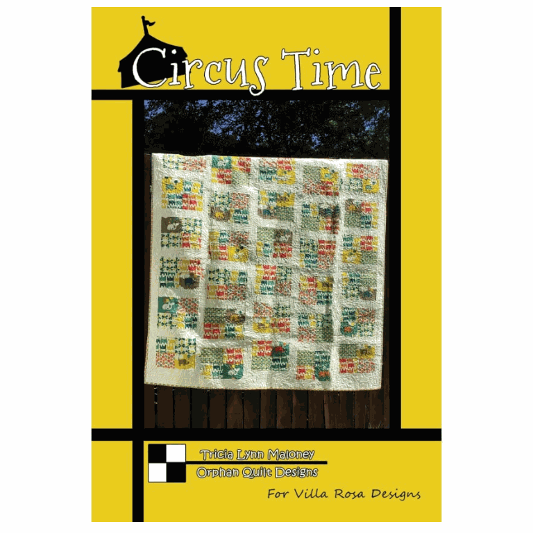 Circus Time quilt pattern card by Tricia Lynn Maloney for Villa Rosa Designs showing lap and bed quilt design 57x68 inches