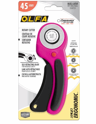 OLFA ergonomic rotary cutter with self-retracting blade and 45mm Endurance steel blade in pink and black design